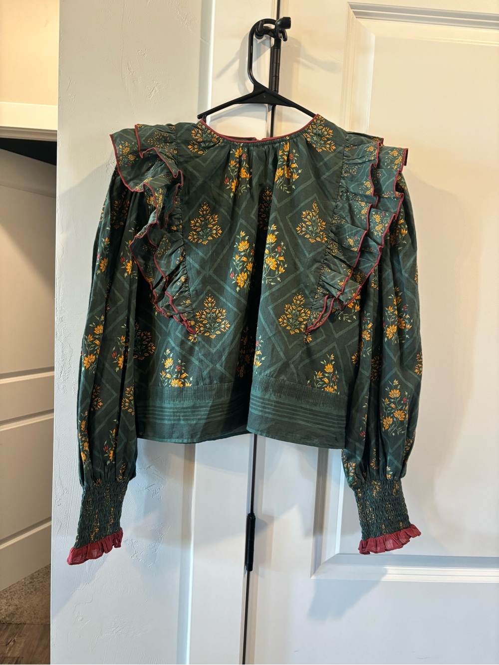 Anna Cate Green Juliette Floral Ruffle-Trim Blouse with Smocked Cuffs